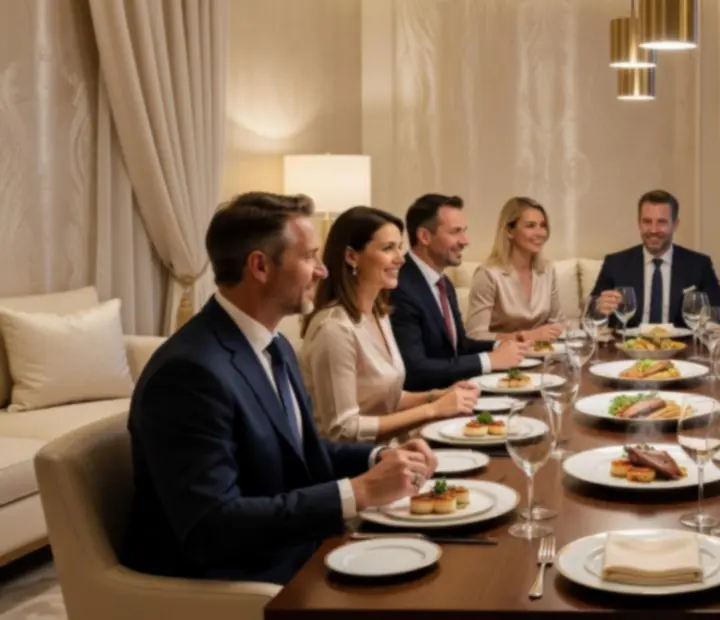 Üzleti vacsora elegáns asztalnál a Top Oldalak étterem privát szekciójában