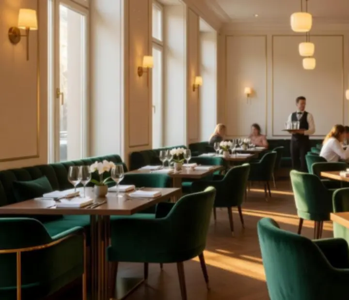 Világos, modern bistro stílusú éttermi enteriőr elegáns terítéssel