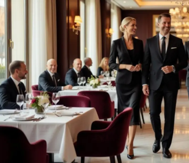 Mosolygó, elegánsan öltözött személyzet fogadja a vendégeket a bejáratnál